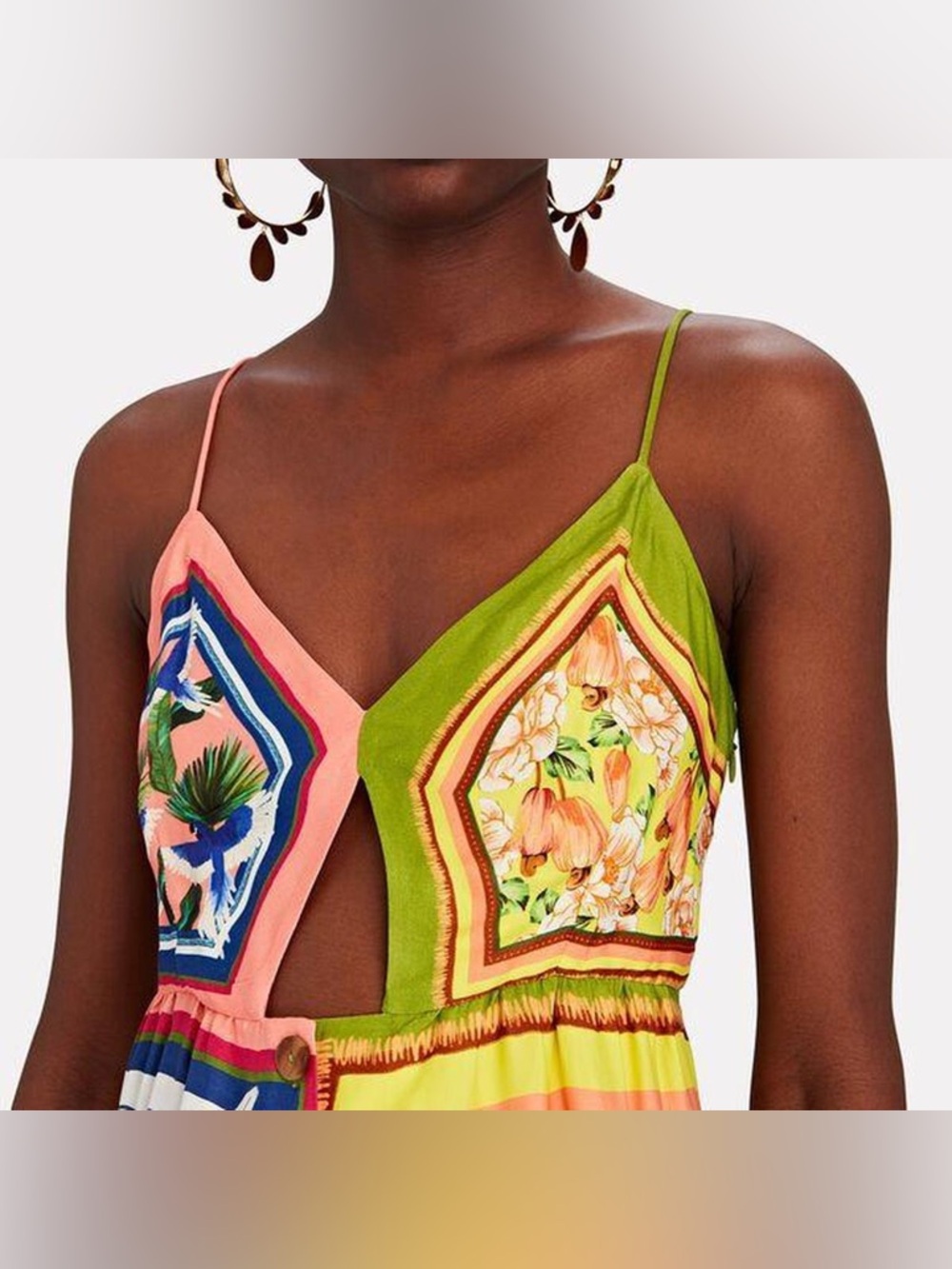 Farm Rio Double Scarves Midi Dress XS Colorblock Tropical 🌴 Cutout Button Front - Picture 8 of 14